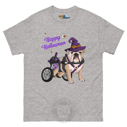 Happy Halloween Witch Wheelchair Tee – English Bulldog · Fawn &amp; White · Female – Sport Grey