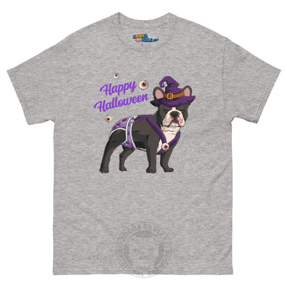 Happy Halloween Witch Spina Bifida Tee – Frenchie · Black &amp; White · Male – Sport Grey