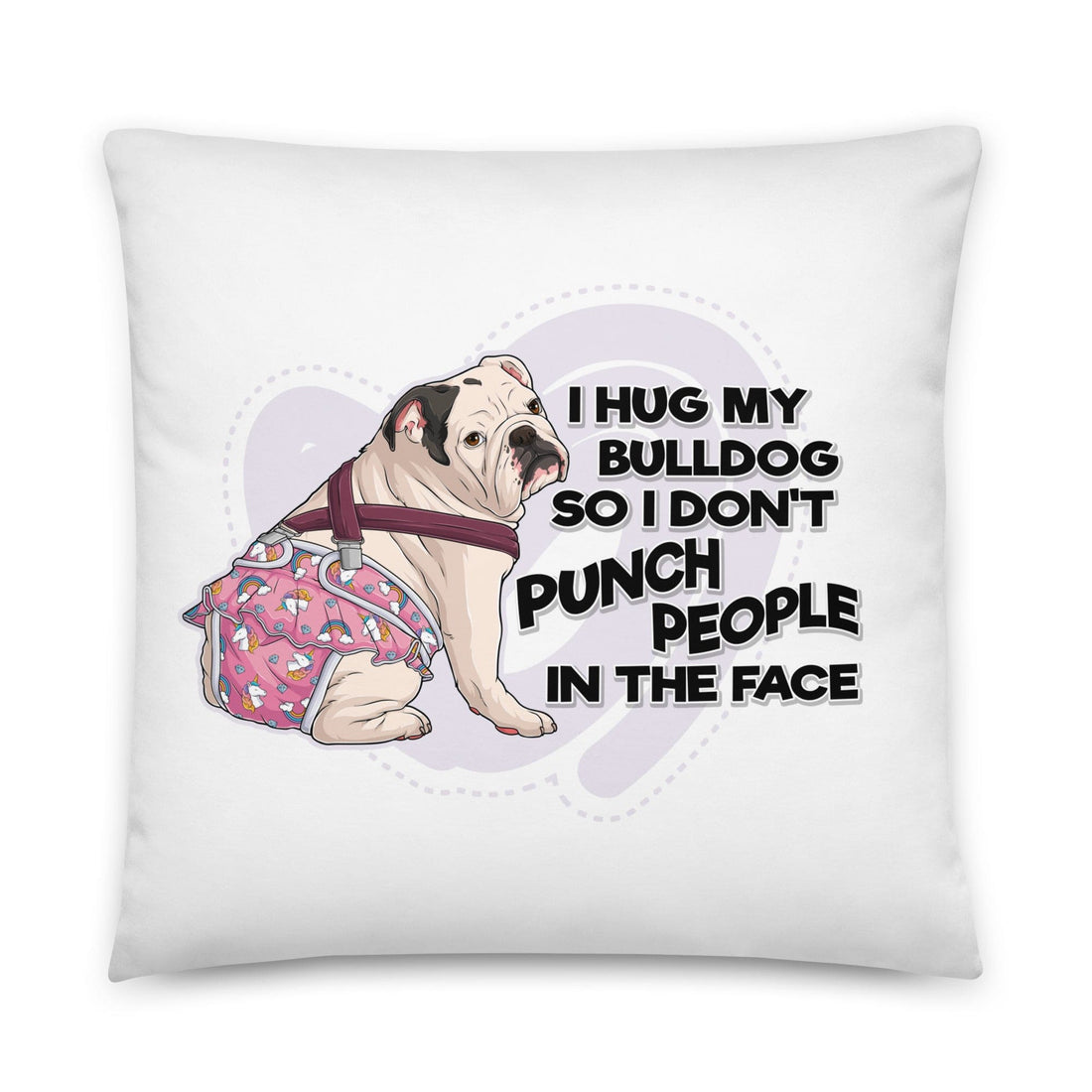 "I Hug My Bulldog" Female English Bulldog Throw Pillow | B&W Colored with Spina Bifida
