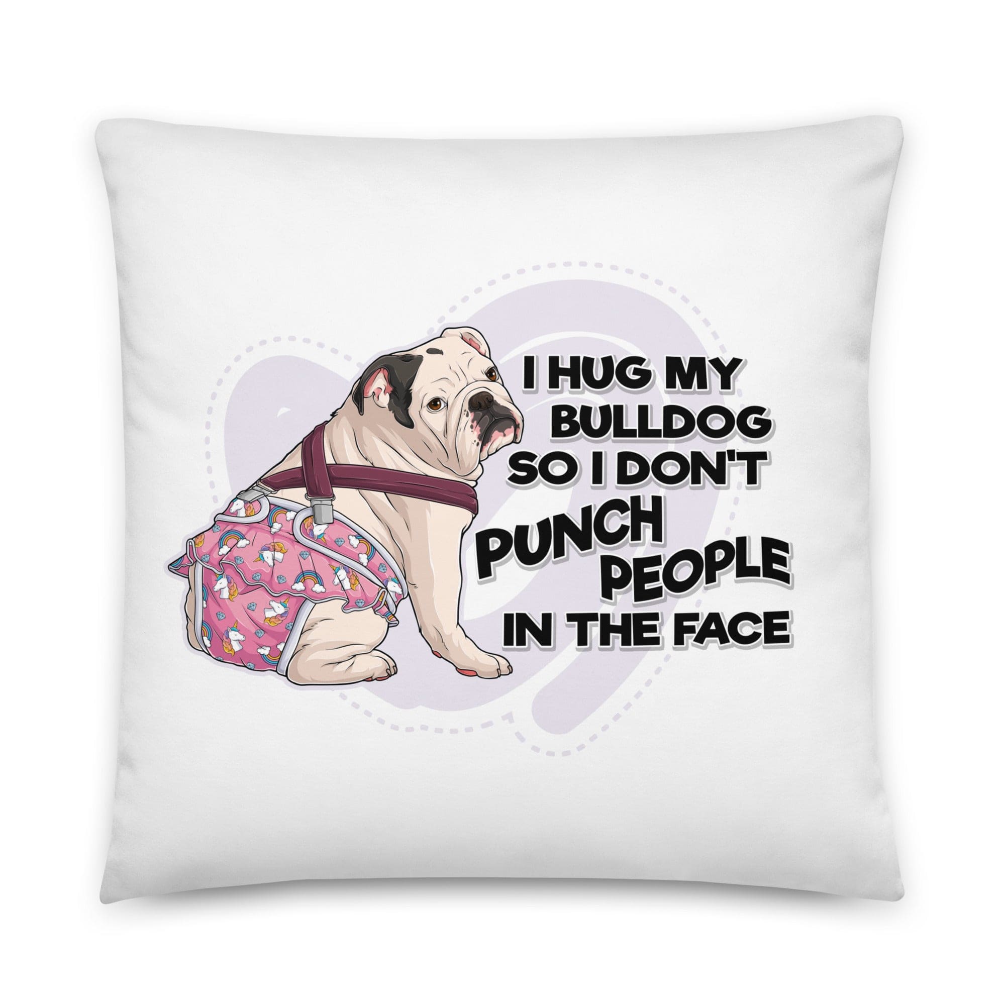 &quot;I Hug My Bulldog&quot; Female English Bulldog Throw Pillow | B&amp;W Colored with Spina Bifida