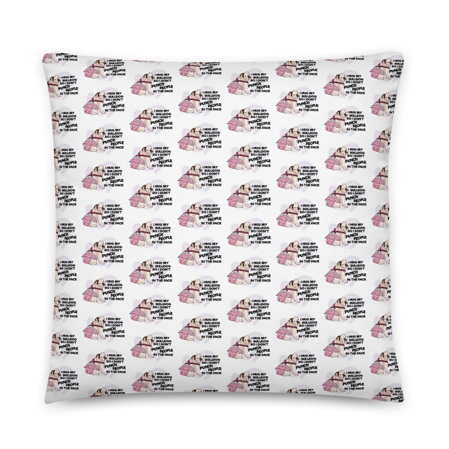 &quot;I Hug My Bulldog&quot; Female English Bulldog Throw Pillow | B&amp;W Colored with Spina Bifida