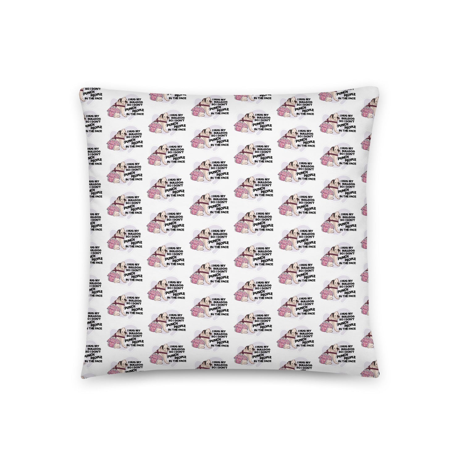 &quot;I Hug My Bulldog&quot; Female English Bulldog Throw Pillow | B&amp;W Colored with Spina Bifida