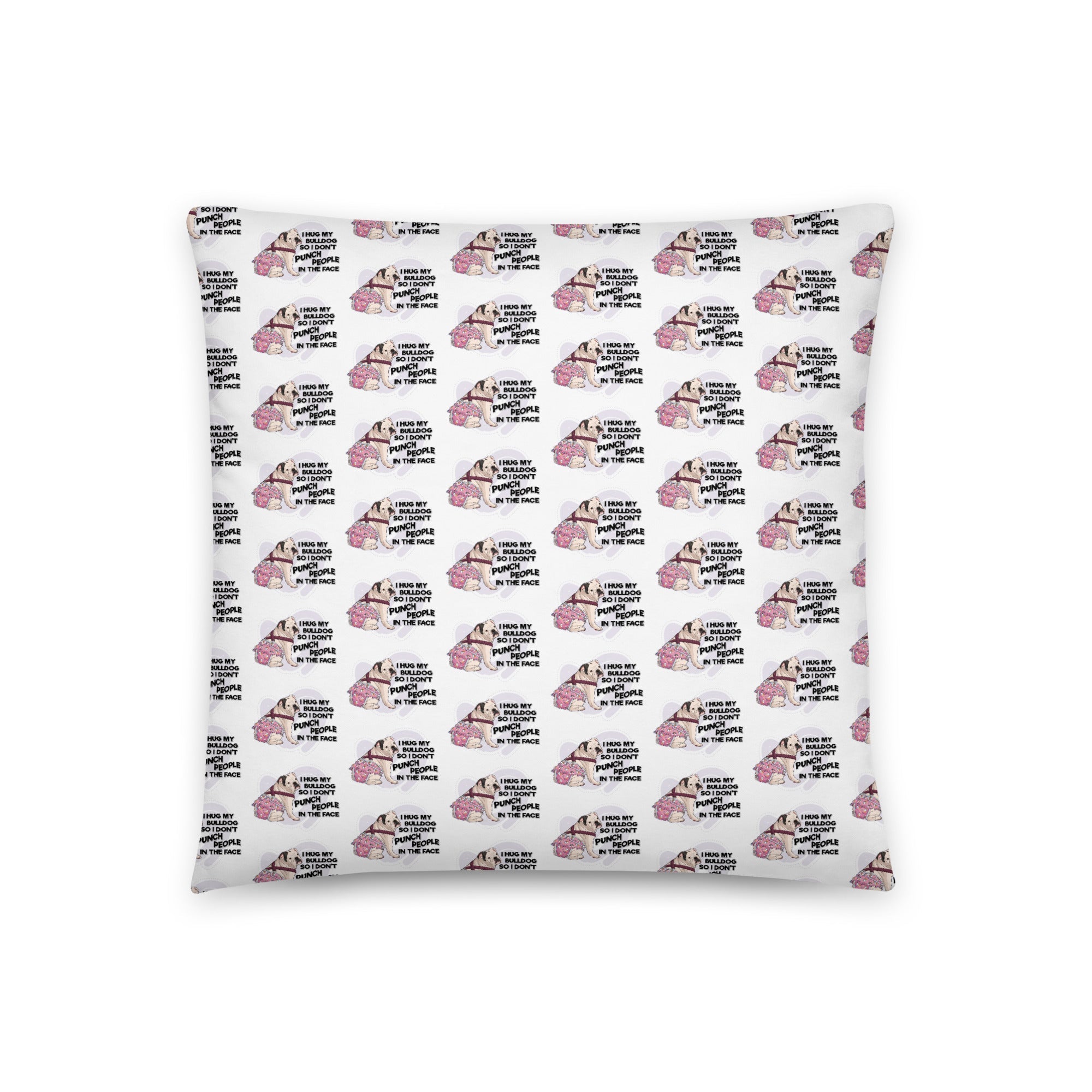 &quot;I Hug My Bulldog&quot; Female English Bulldog Throw Pillow | B&amp;W Colored with Spina Bifida