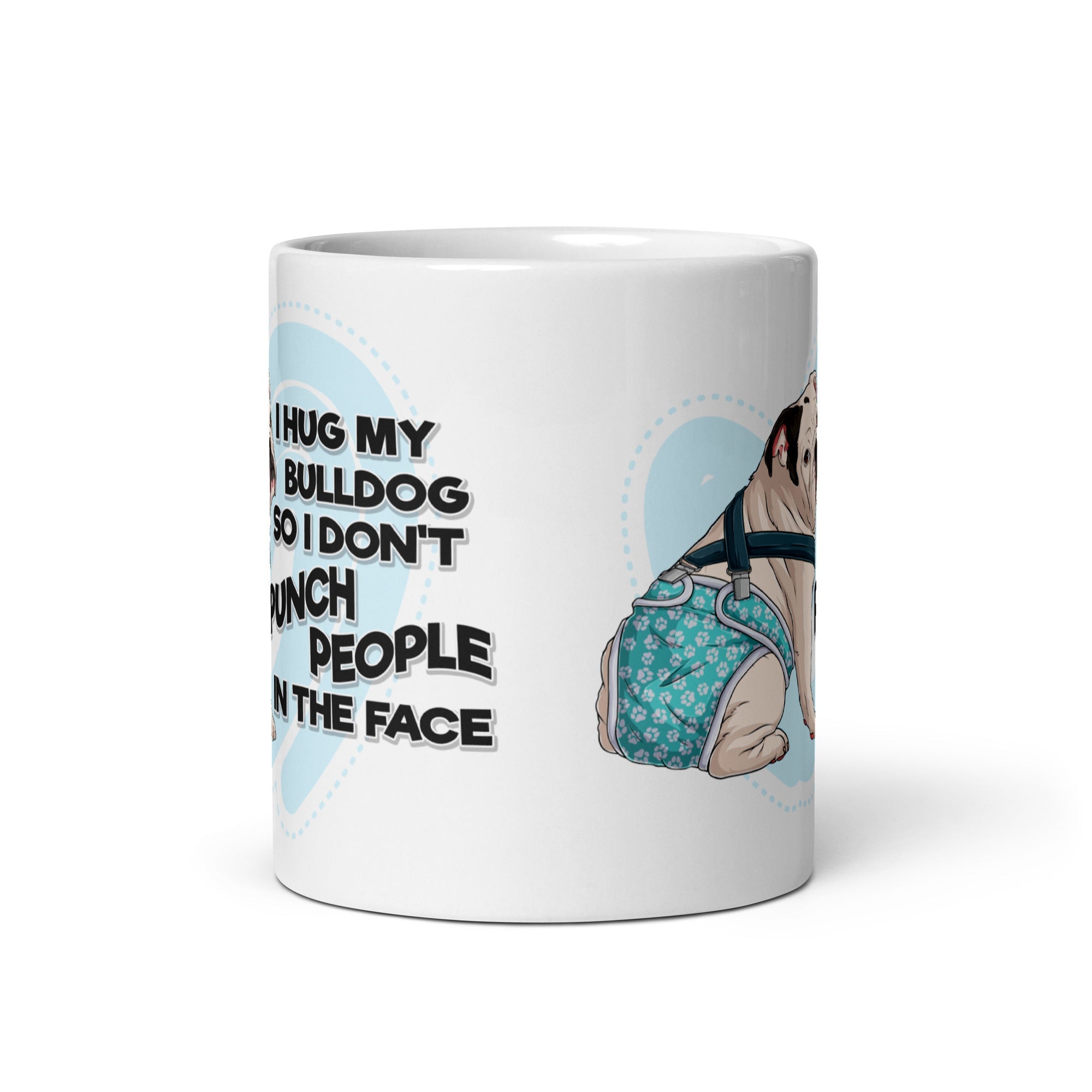 &quot;I Hug My Bulldog&quot; Male English Bulldog Mug | White &amp; Black Color with Spina Bifida