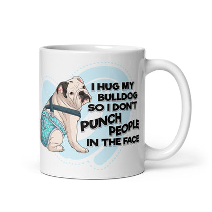 &quot;I Hug My Bulldog&quot; Male English Bulldog Mug | White &amp; Black Color with Spina Bifida