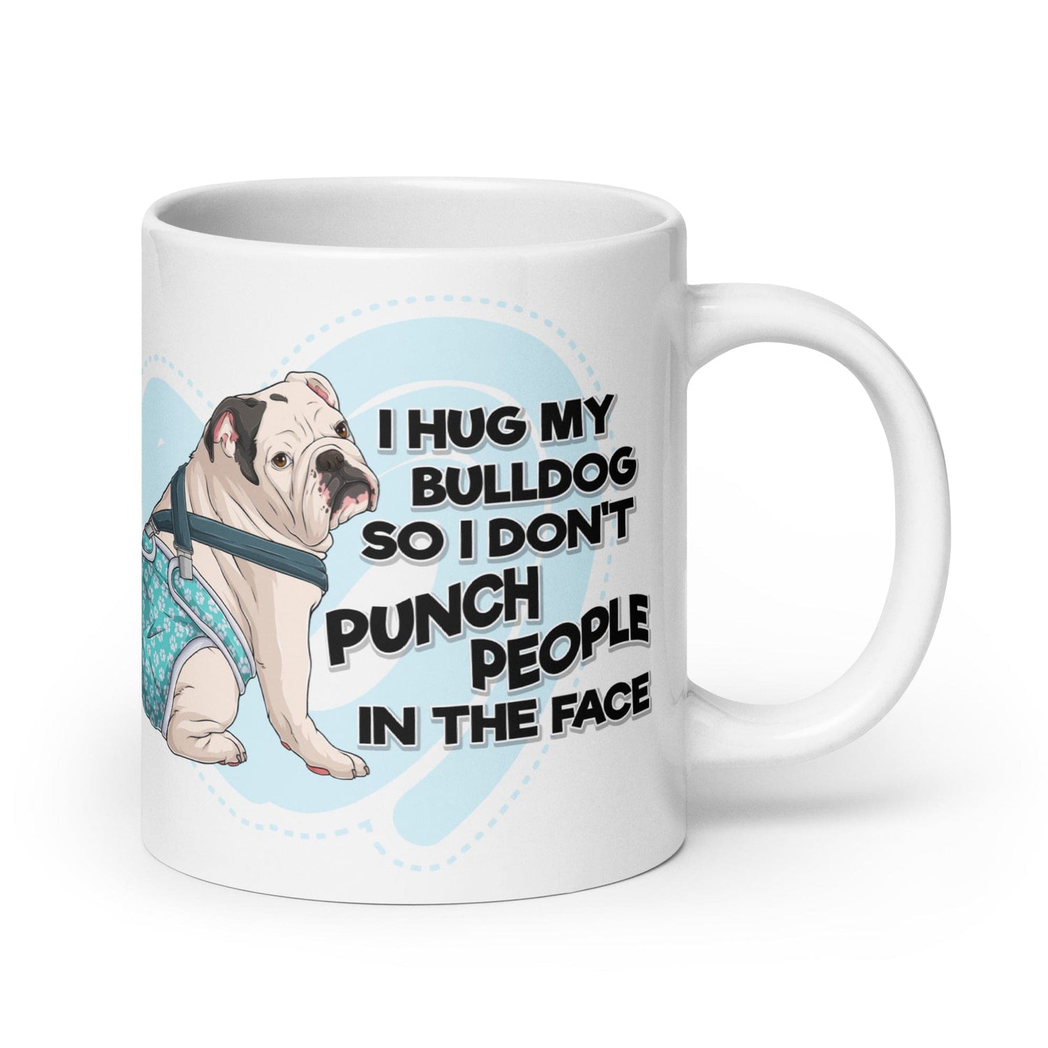 &quot;I Hug My Bulldog&quot; Male English Bulldog Mug | White &amp; Black Color with Spina Bifida