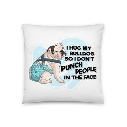 &quot;I Hug My Bulldog&quot; Male English Bulldog Throw Pillow | White &amp; Black Colored with Spina Bifida