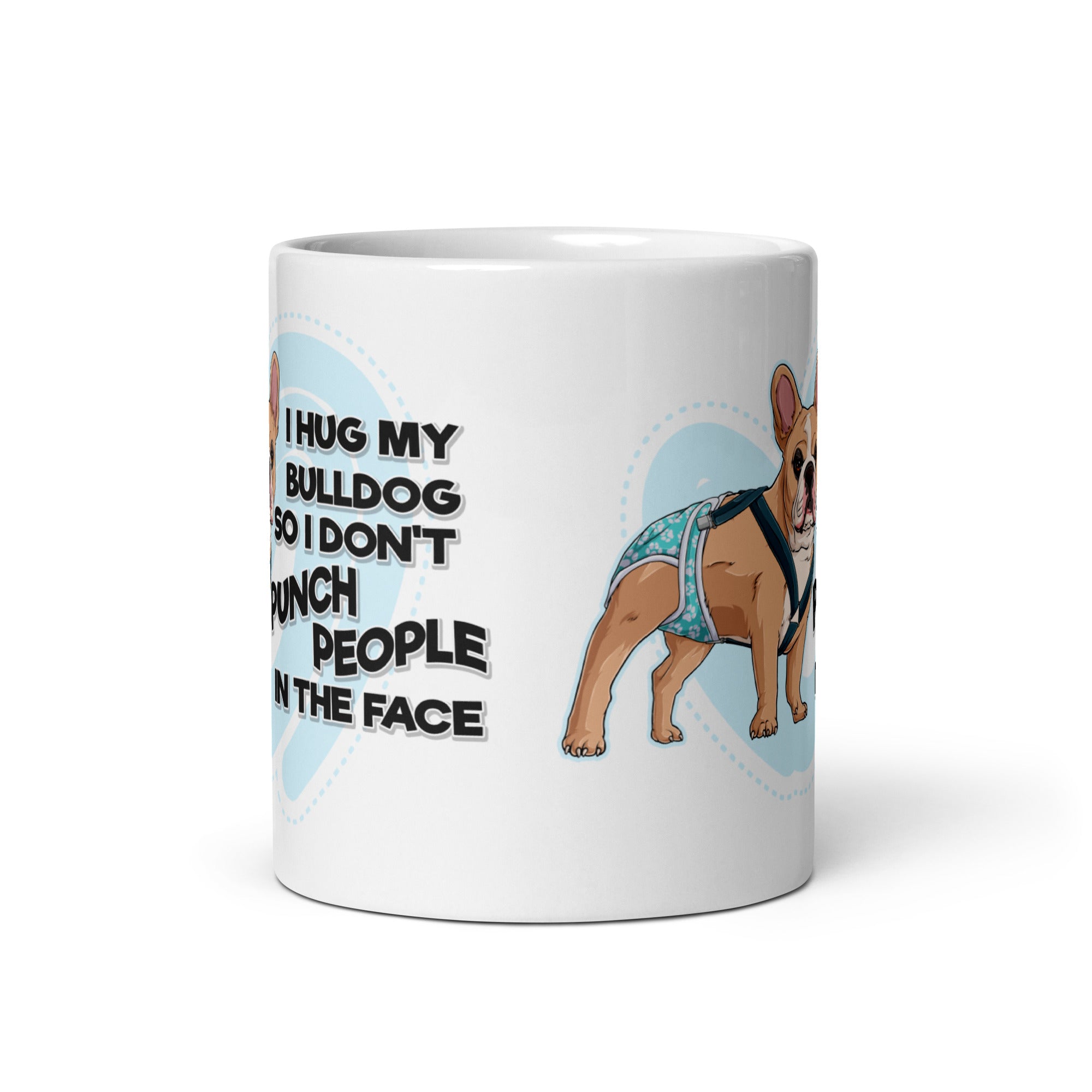 &quot;I Hug My Bulldog&quot; Male French Bulldog Mug | Fawn &amp; White with Spina Bifida