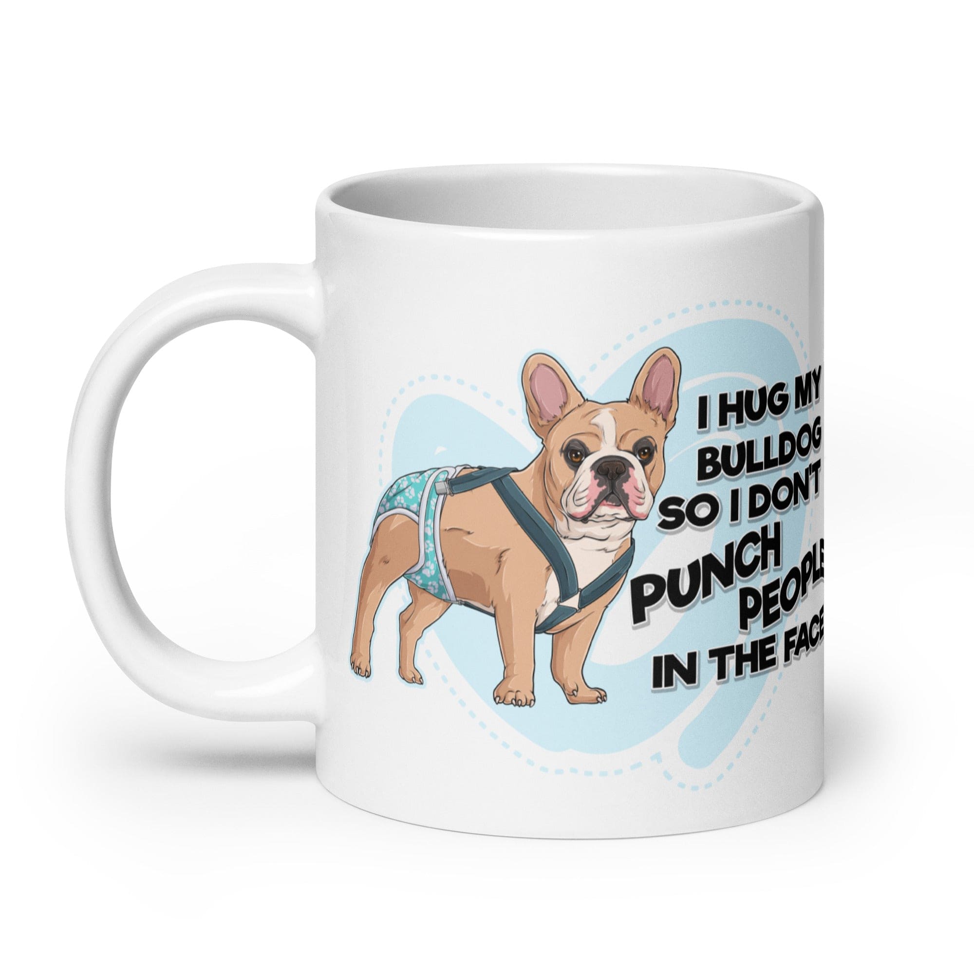 &quot;I Hug My Bulldog&quot; Male French Bulldog Mug | Fawn &amp; White with Spina Bifida