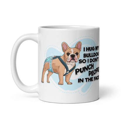 &quot;I Hug My Bulldog&quot; Male French Bulldog Mug | Fawn &amp; White with Spina Bifida