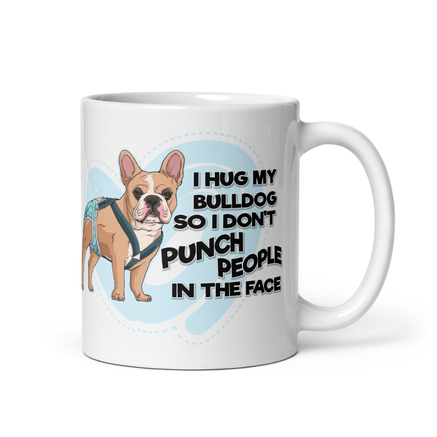 &quot;I Hug My Bulldog&quot; Male French Bulldog Mug | Fawn &amp; White with Spina Bifida