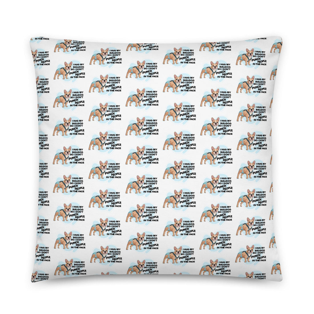 "I Hug My Bulldog" Male French Bulldog Throw Pillow | Fawn & White with Spina Bifida