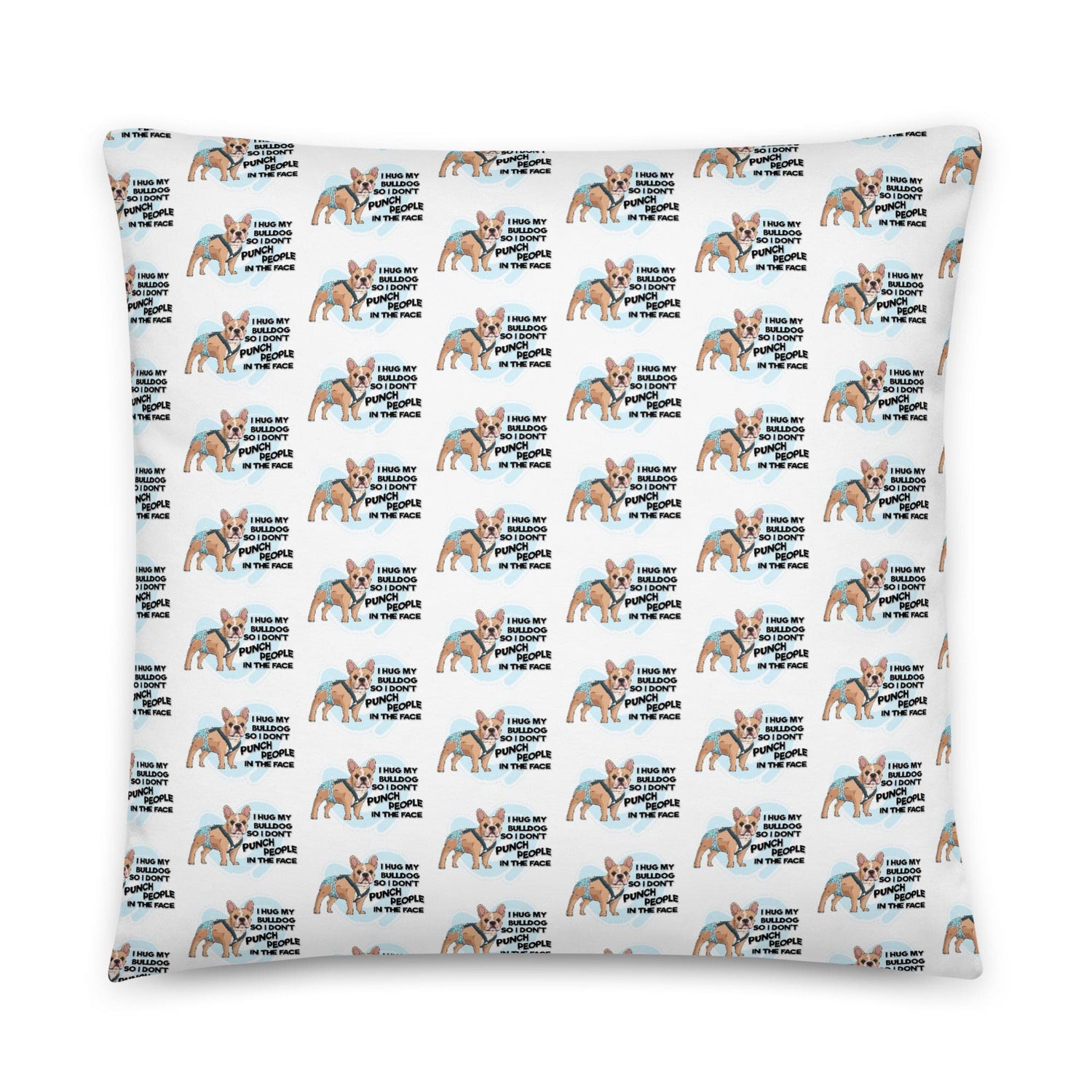 &quot;I Hug My Bulldog&quot; Male French Bulldog Throw Pillow | Fawn &amp; White with Spina Bifida