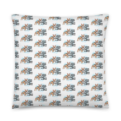 &quot;I Hug My Bulldog&quot; Male French Bulldog Throw Pillow | Fawn &amp; White with Spina Bifida