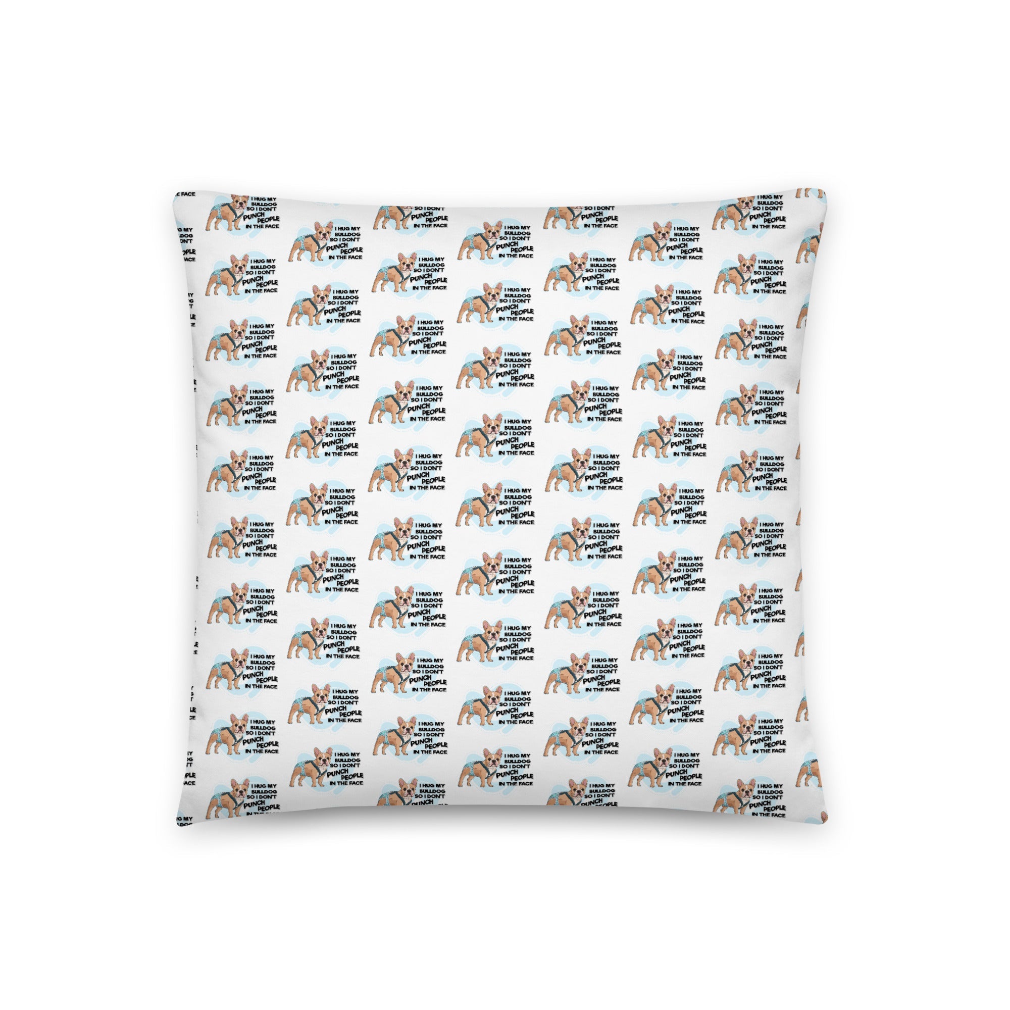 &quot;I Hug My Bulldog&quot; Male French Bulldog Throw Pillow | Fawn &amp; White with Spina Bifida