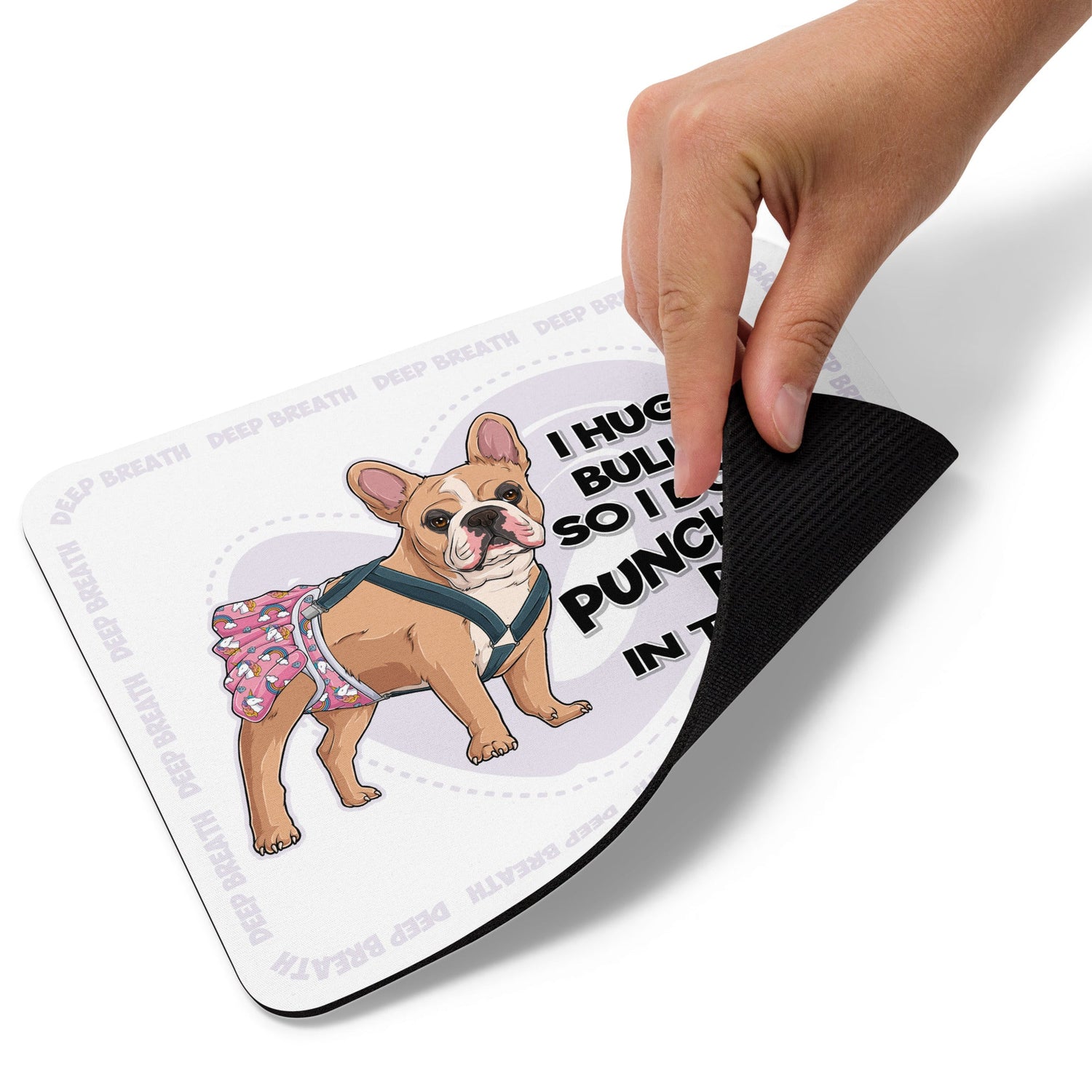 &quot;I Hug My Bulldog&quot; Mouse Pad | Fawn &amp; White Colored Female French Bulldog with Spina Bifida