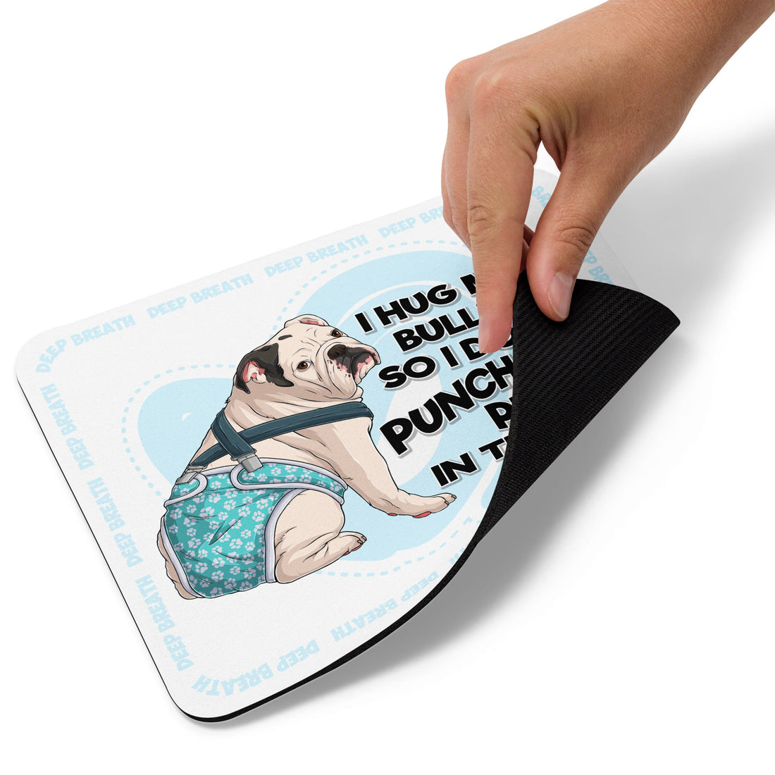 &quot;I Hug My Bulldog&quot; Mouse Pad | White &amp; Black Male English Bulldog with Spina Bifida