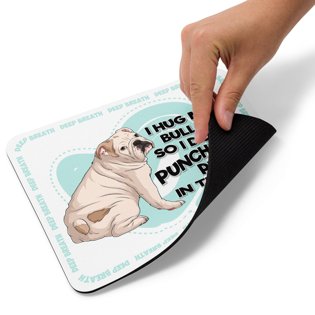 "I Hug My Bulldog" Mouse Pad | White & Fawn Colored English Bulldog