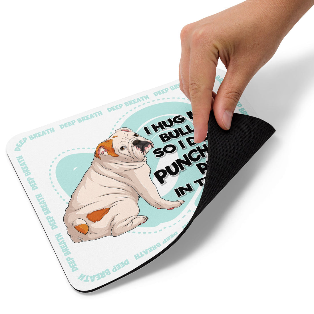 "I Hug My Bulldog" Mouse Pad | White & Red Colored English Bulldog