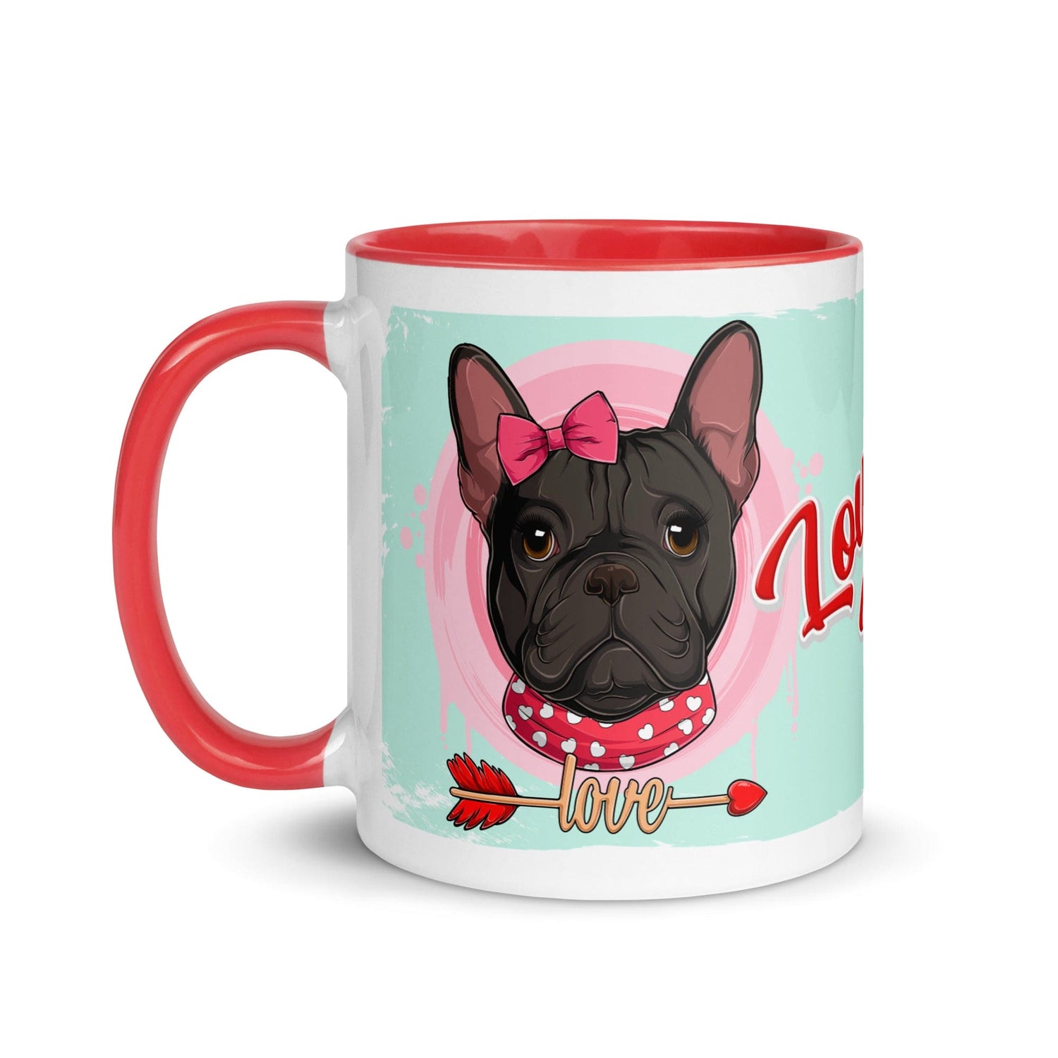 &quot;Love Bug&quot; with Arrow of Love French Bulldog Mug | B&amp;W Colored Female
