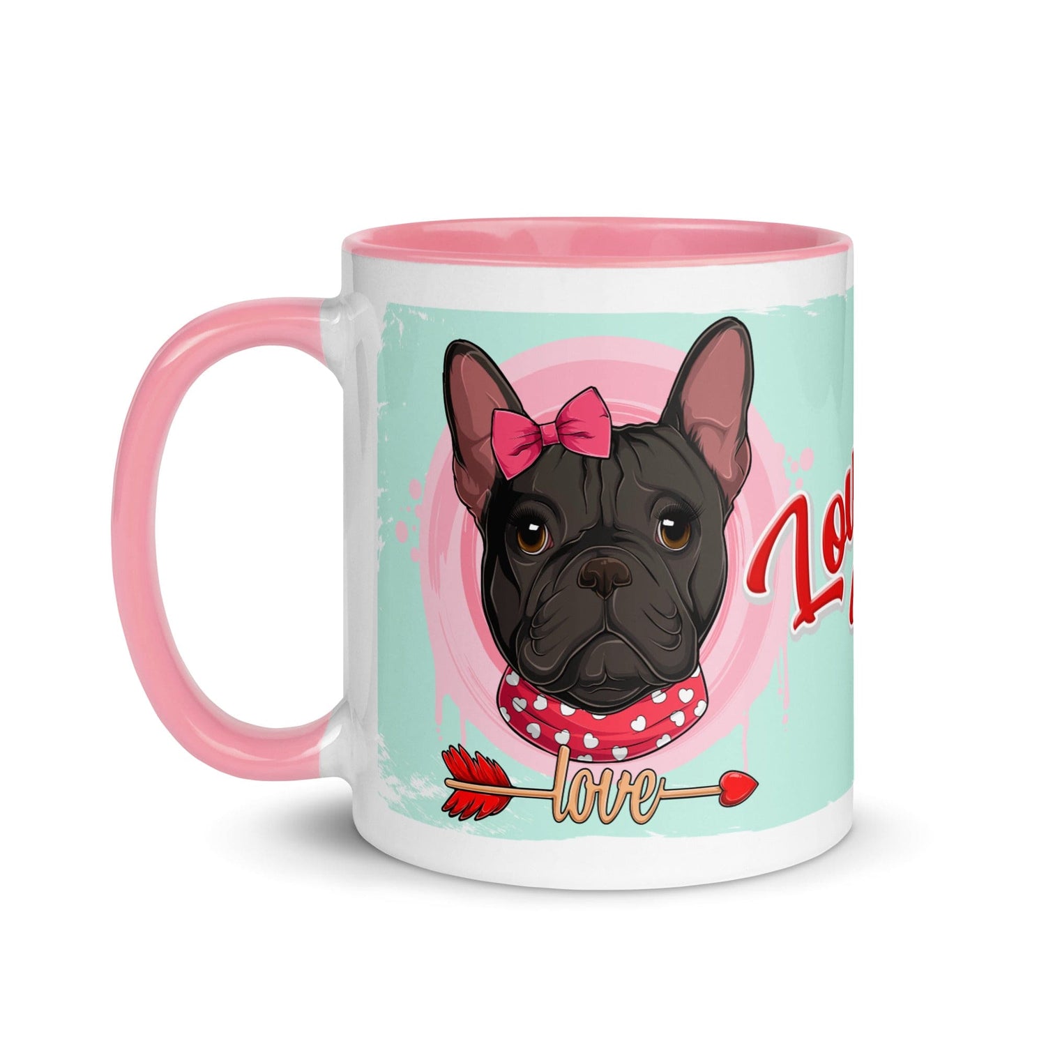 &quot;Love Bug&quot; with Arrow of Love French Bulldog Mug | B&amp;W Colored Female