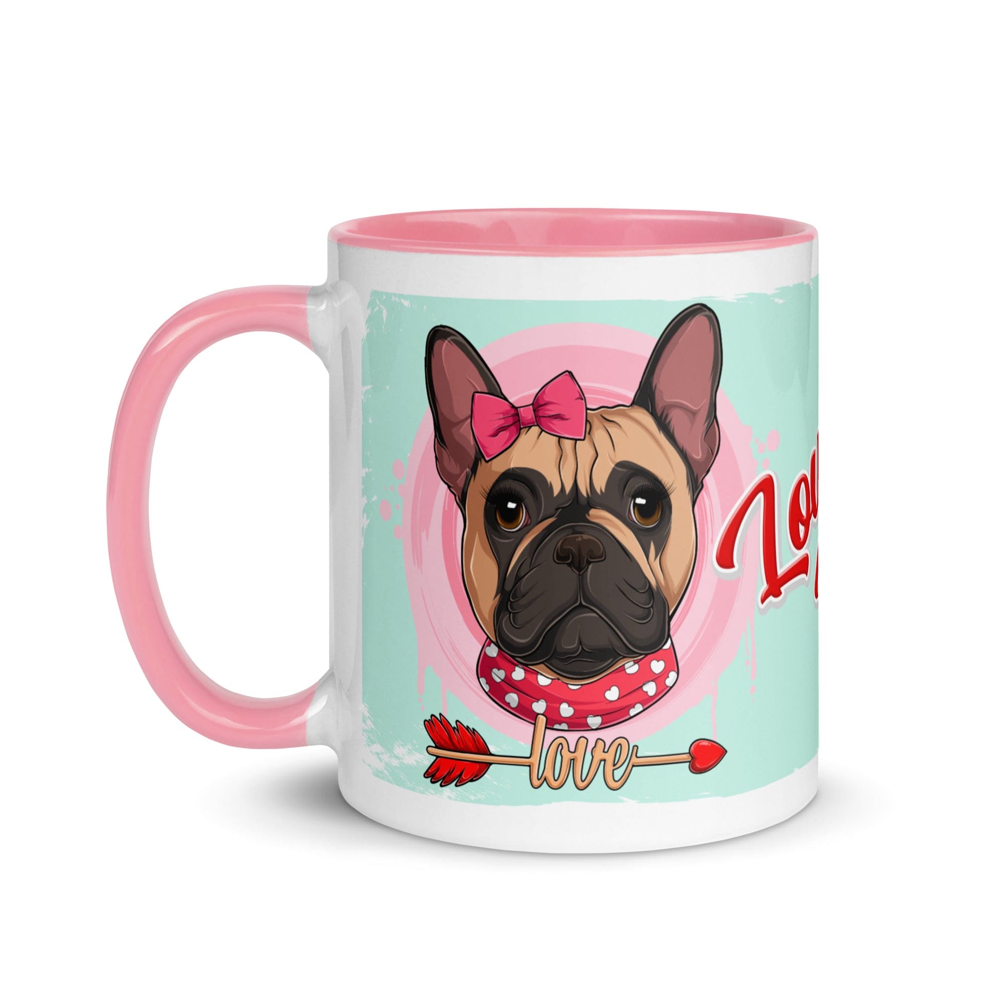 &quot;Love Bug&quot; with Arrow of Love French Bulldog Mug | Fawn &amp; White Colored Female