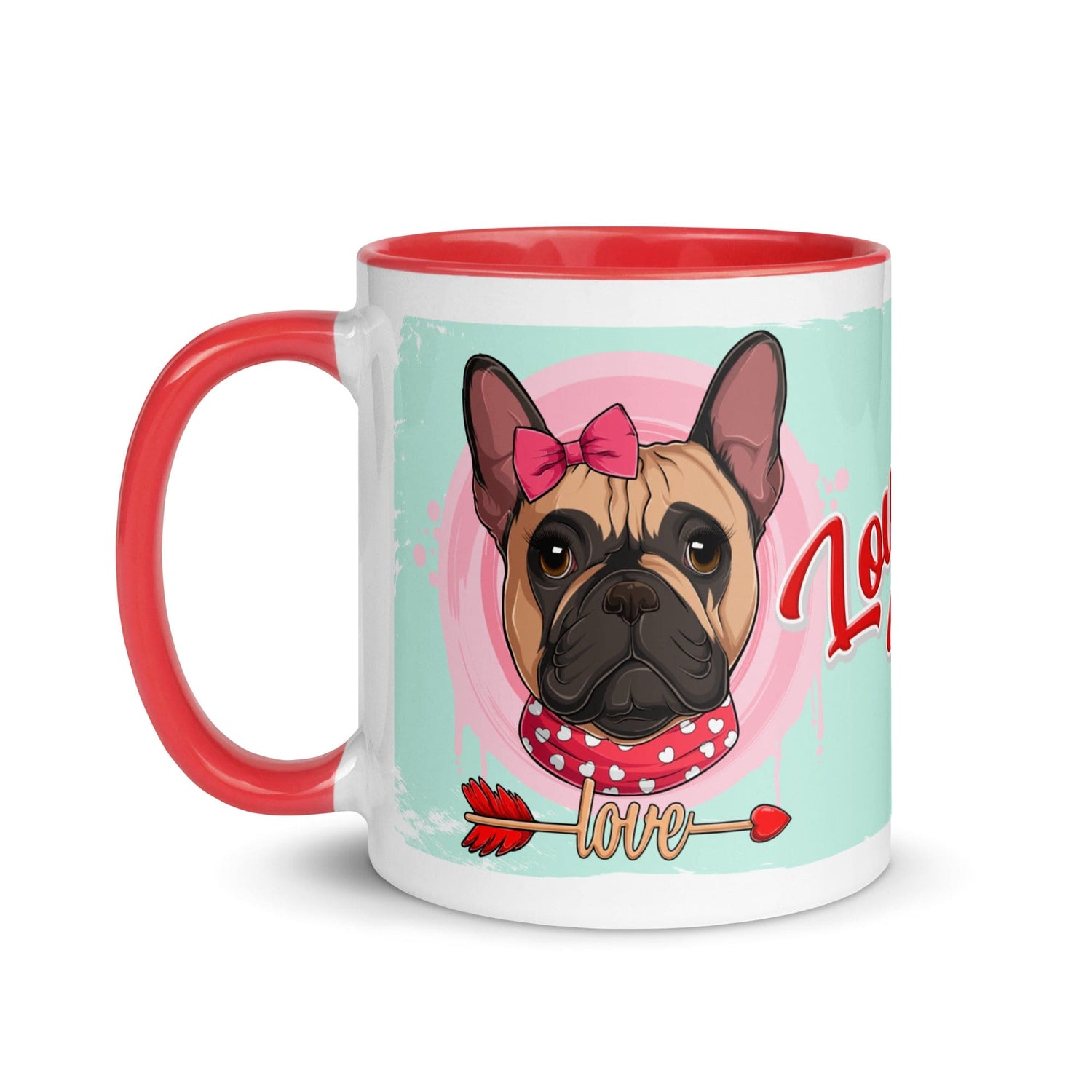 &quot;Love Bug&quot; with Arrow of Love French Bulldog Mug | Fawn &amp; White Colored Female