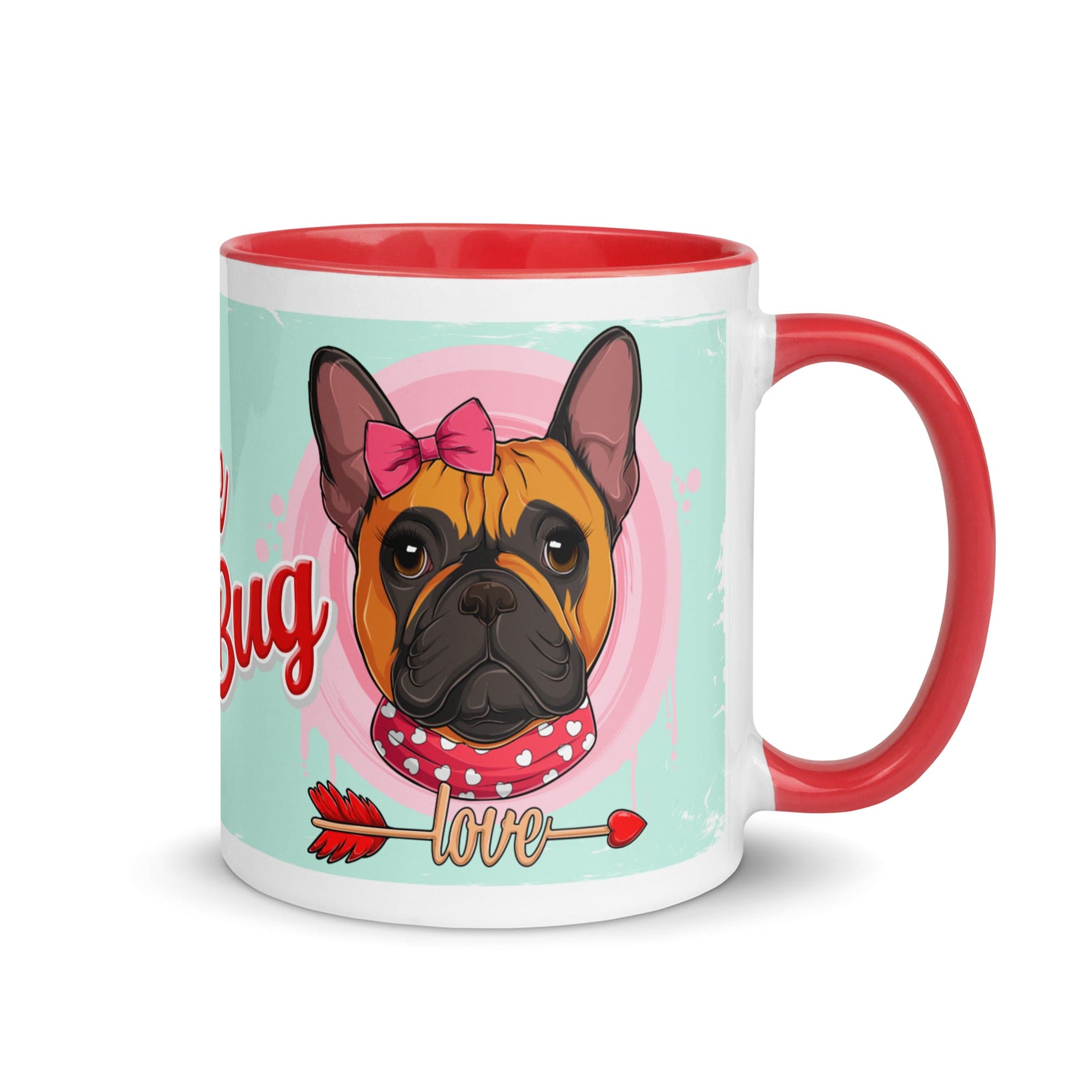 &quot;Love Bug&quot; with Arrow of Love French Bulldog Mug | Red &amp; White Colored Female