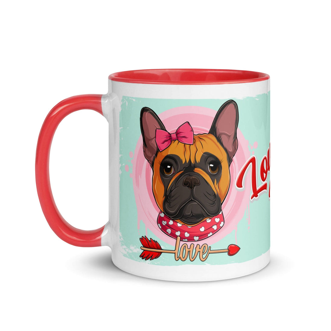 "Love Bug" with Arrow of Love French Bulldog Mug | Red & White Colored Female