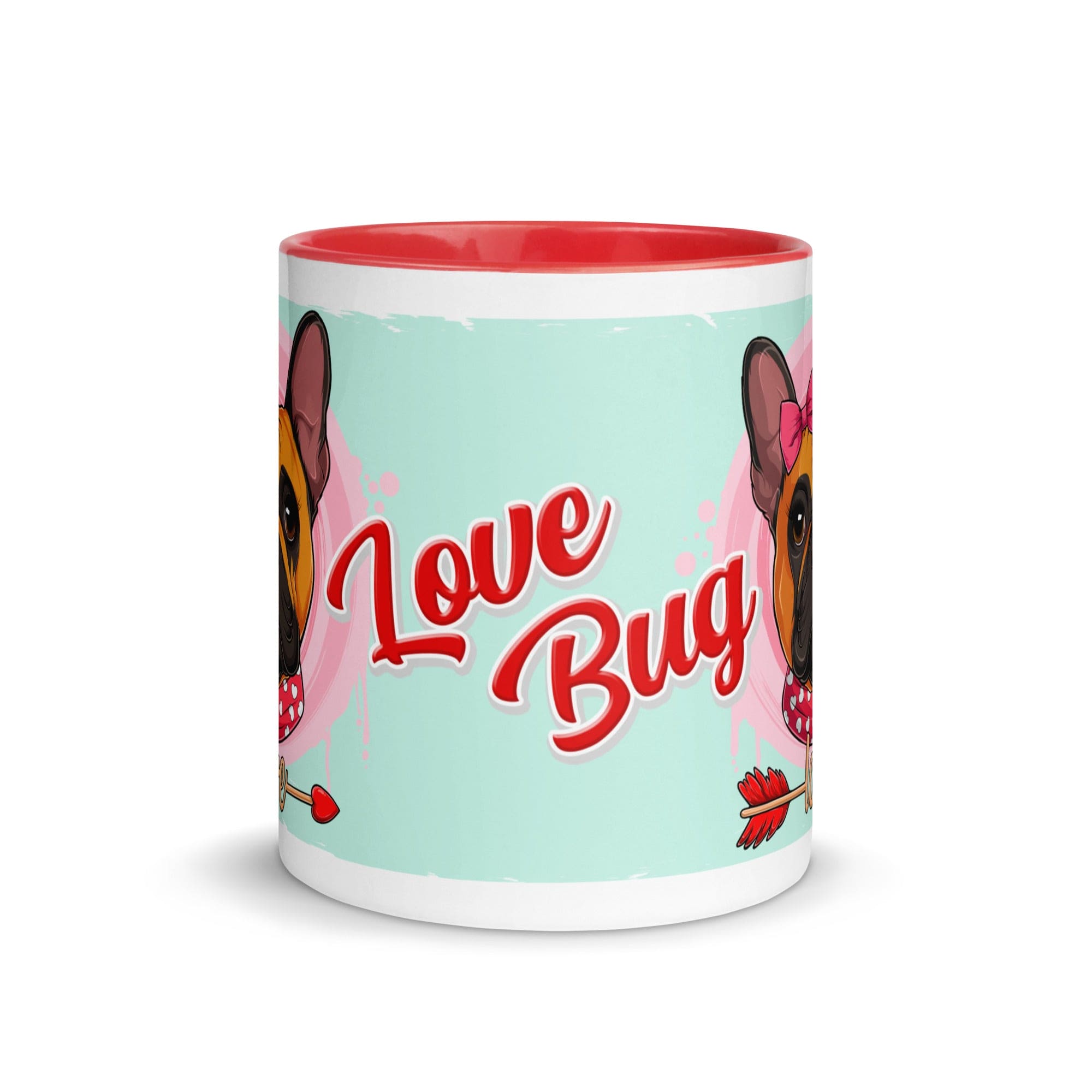 &quot;Love Bug&quot; with Arrow of Love French Bulldog Mug | Red &amp; White Colored Female