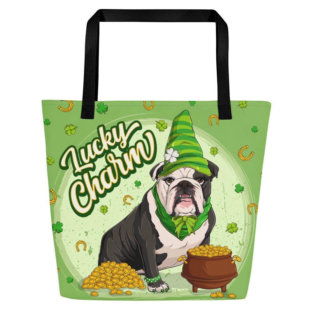 "Lucky Charm" Female Bulldog Large Tote Bag with Pocket | B&amp;W Colored