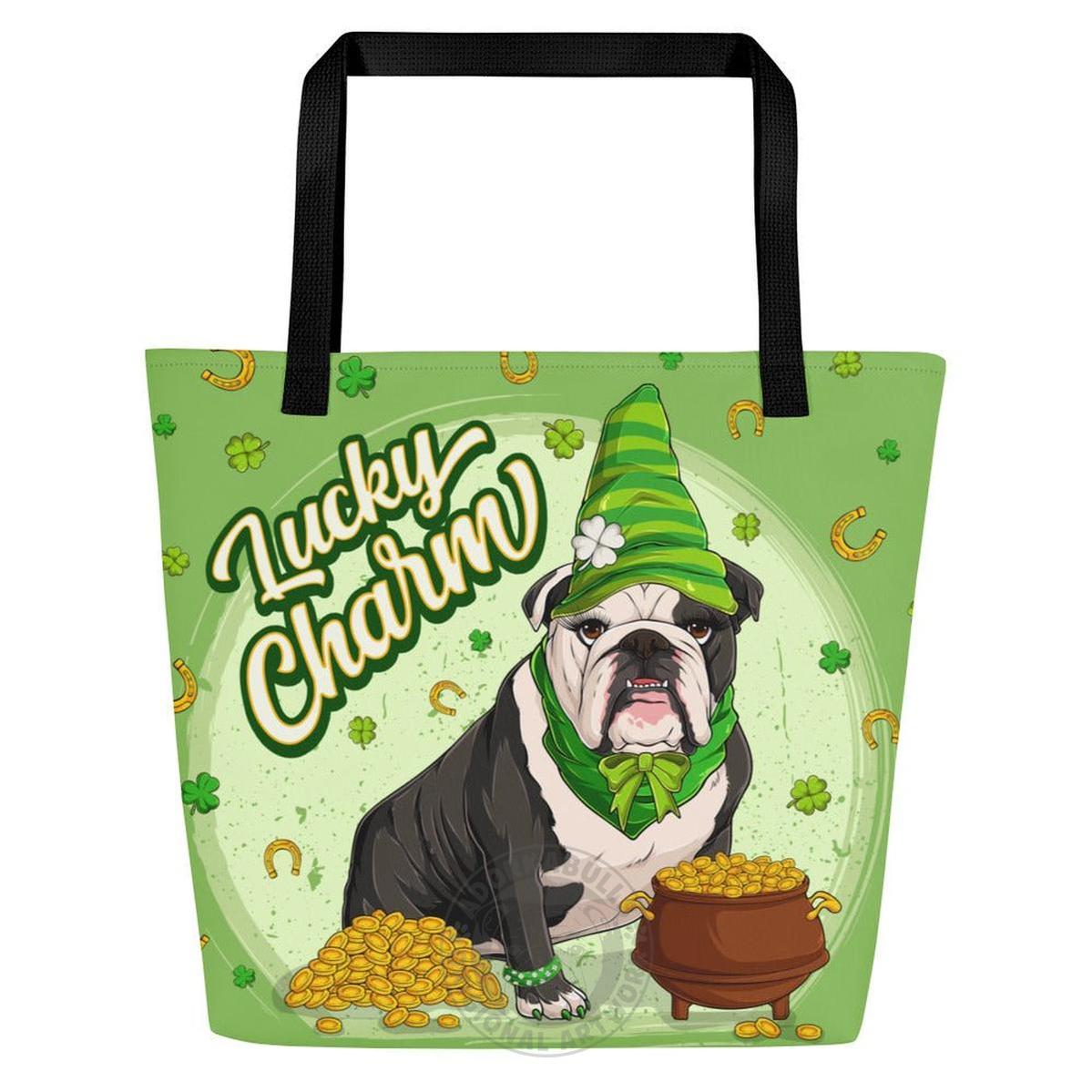 "Lucky Charm" Female Bulldog Large Tote Bag with Pocket | B&amp;W Colored