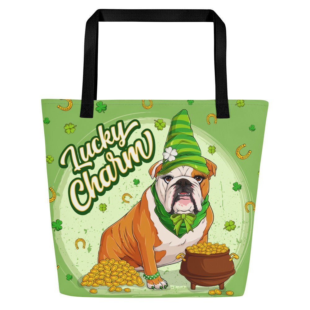 "Lucky Charm" Female Bulldog Large Tote Bag with Pocket | Red &amp; White Colored