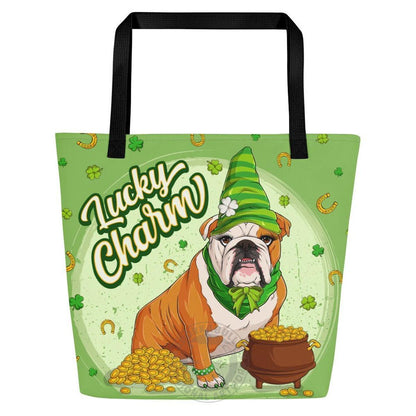 "Lucky Charm" Female Bulldog Large Tote Bag with Pocket | Red &amp; White Colored