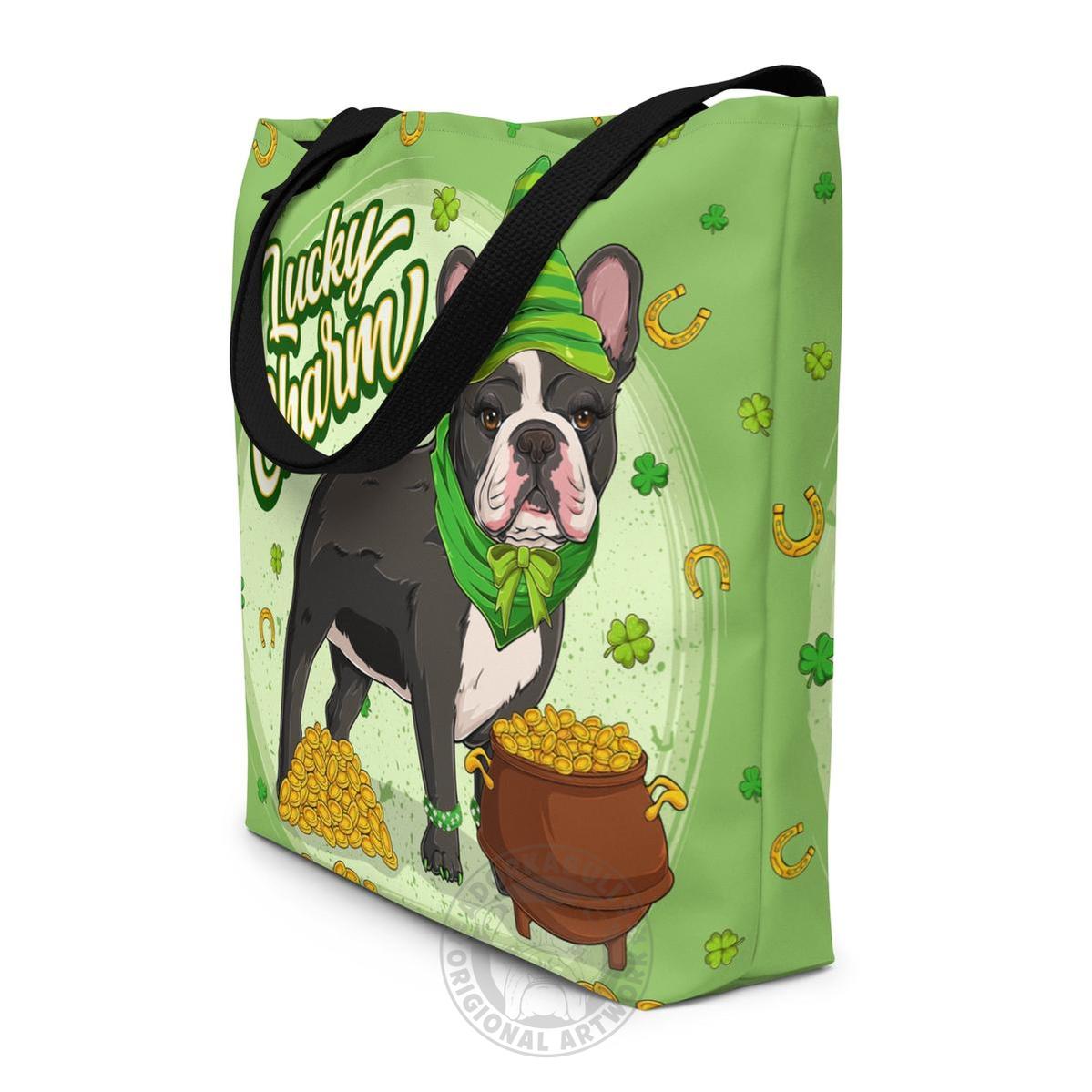 "Lucky Charm" Female Frenchie Large Tote Bag with Pocket | B&amp;W Colored
