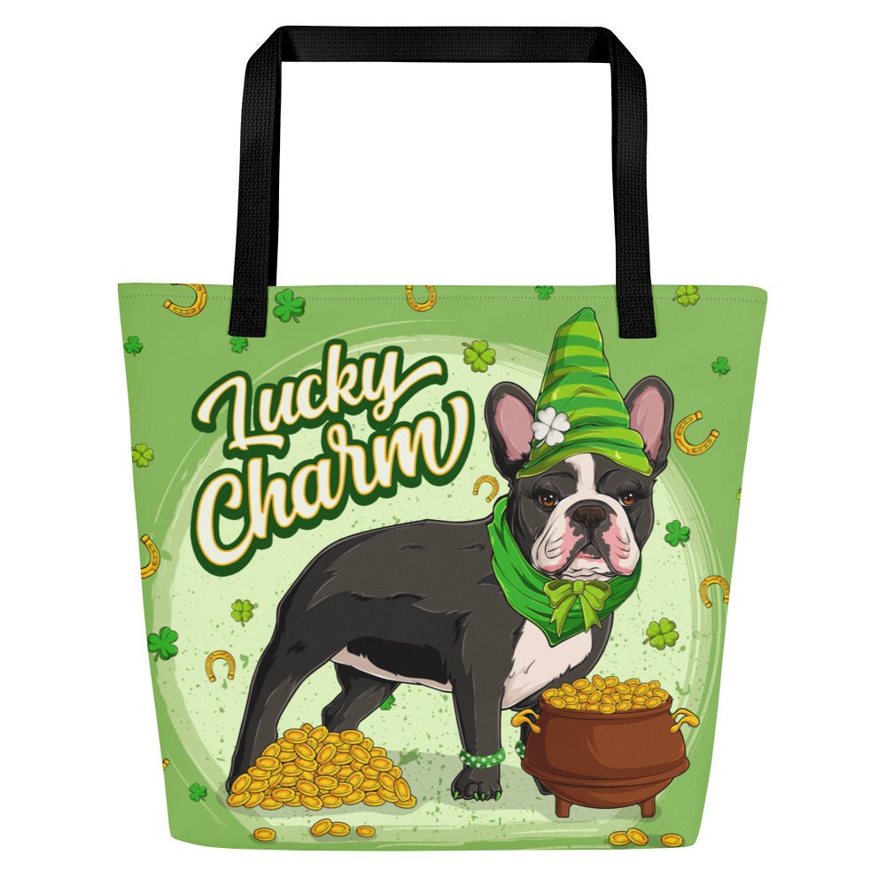 "Lucky Charm" Female Frenchie Large Tote Bag with Pocket | B&amp;W Colored
