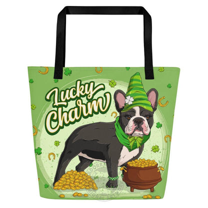 "Lucky Charm" Female Frenchie Large Tote Bag with Pocket | B&amp;W Colored