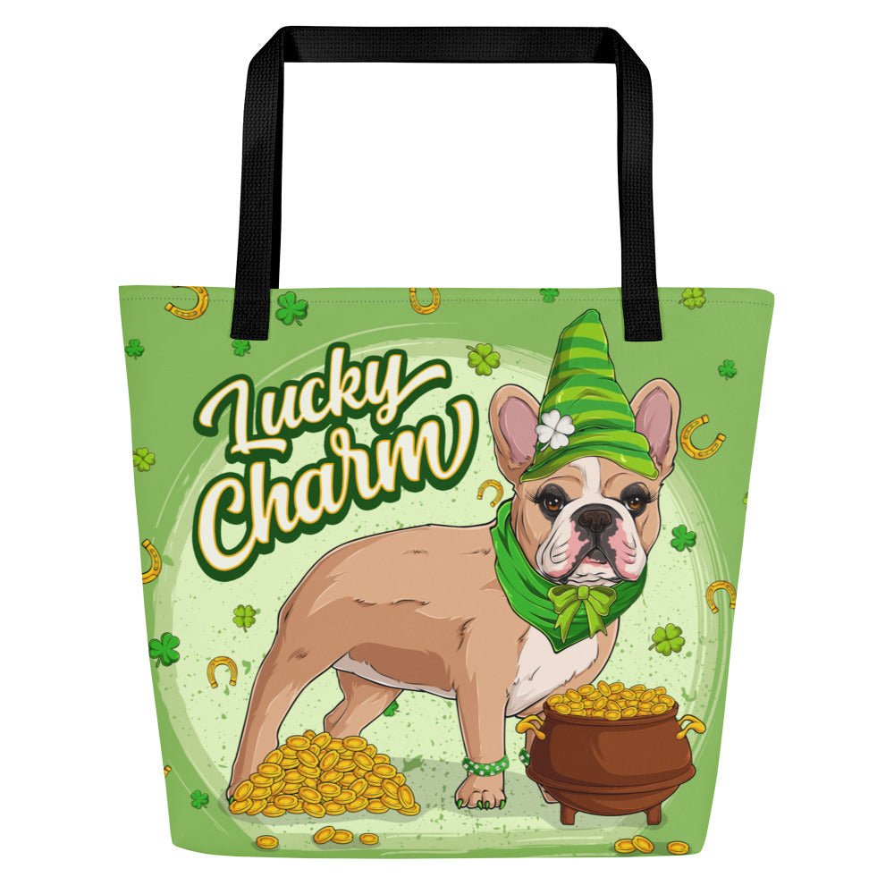 "Lucky Charm" Female Frenchie Large Tote Bag with Pocket | Fawn &amp; White Colored
