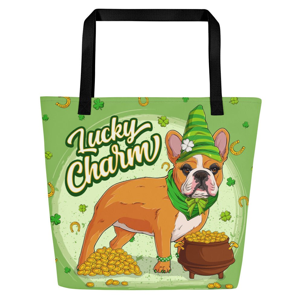 "Lucky Charm" Female Frenchie Large Tote Bag with Pocket | Red &amp; White Colored