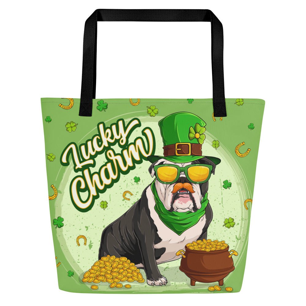 "Lucky Charm" Male Bulldog Large Tote Bag with Pocket | B&amp;W Colored