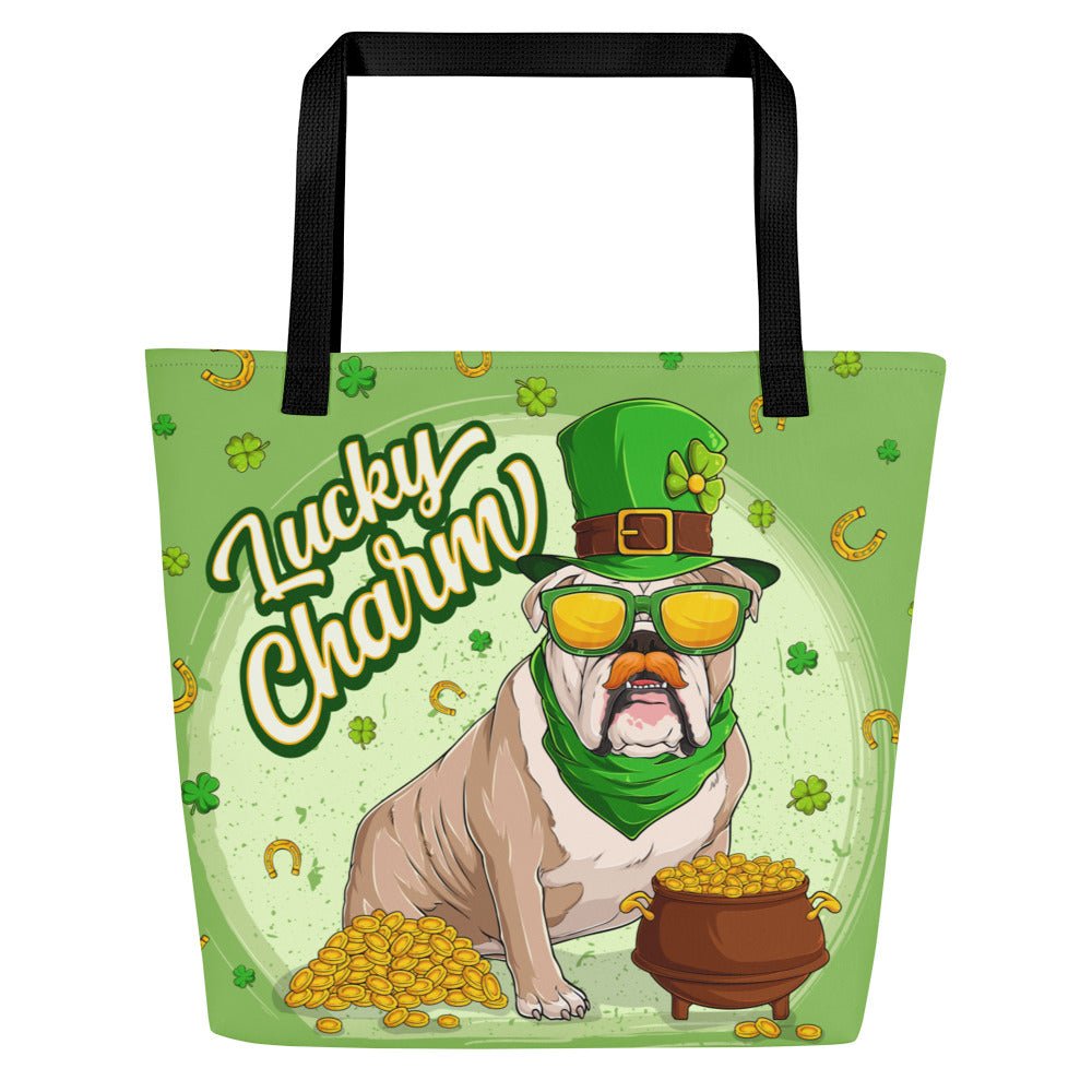 "Lucky Charm" Male Bulldog Large Tote Bag with Pocket | Fawn &amp; White Colored