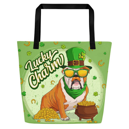 "Lucky Charm" Male Bulldog Large Tote Bag with Pocket | Red &amp; White Colored