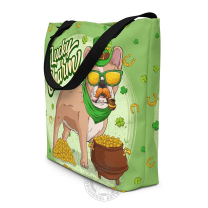 "Lucky Charm" Male Frenchie Large Tote Bag with Pocket | Fawn &amp; White Colored