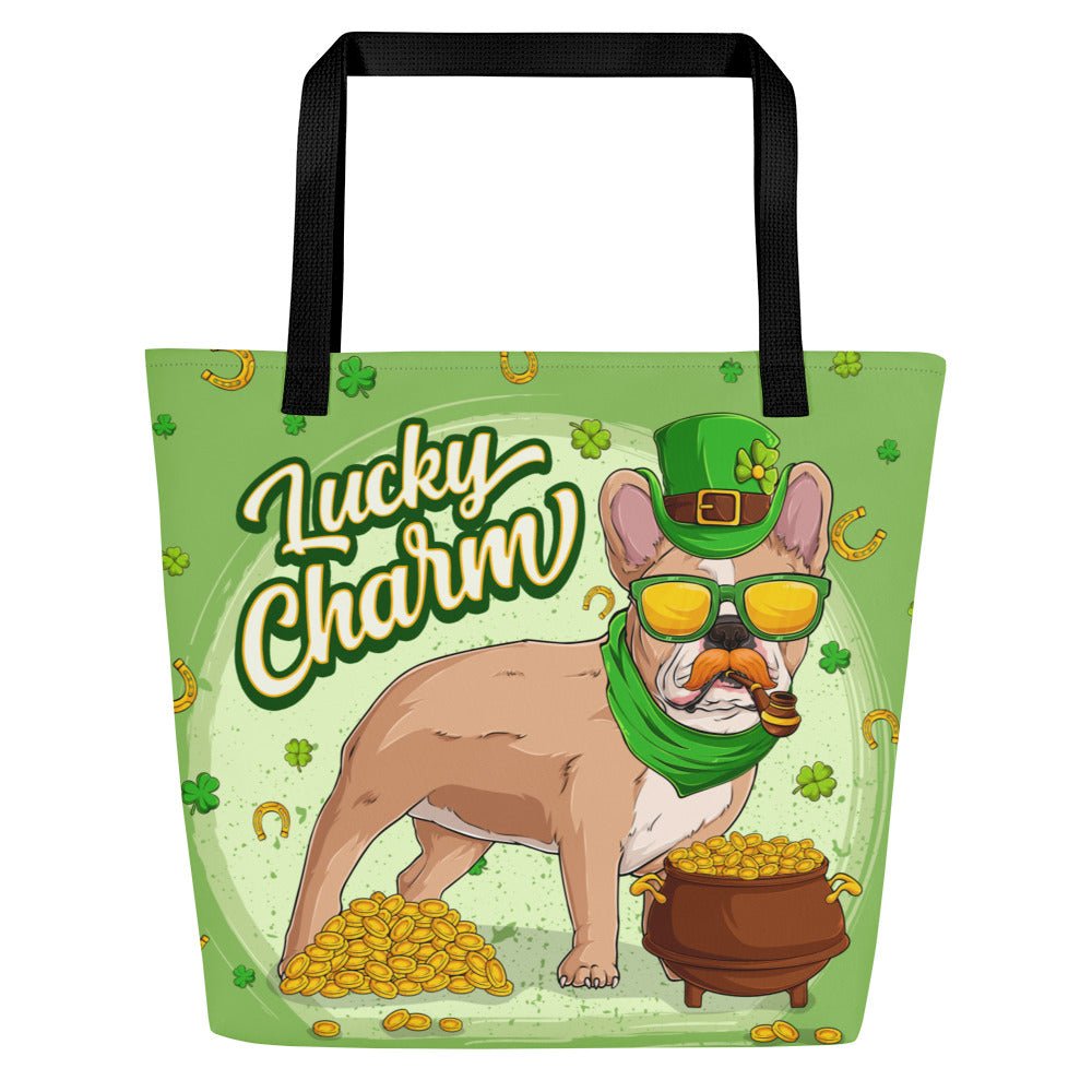 "Lucky Charm" Male Frenchie Large Tote Bag with Pocket | Fawn &amp; White Colored
