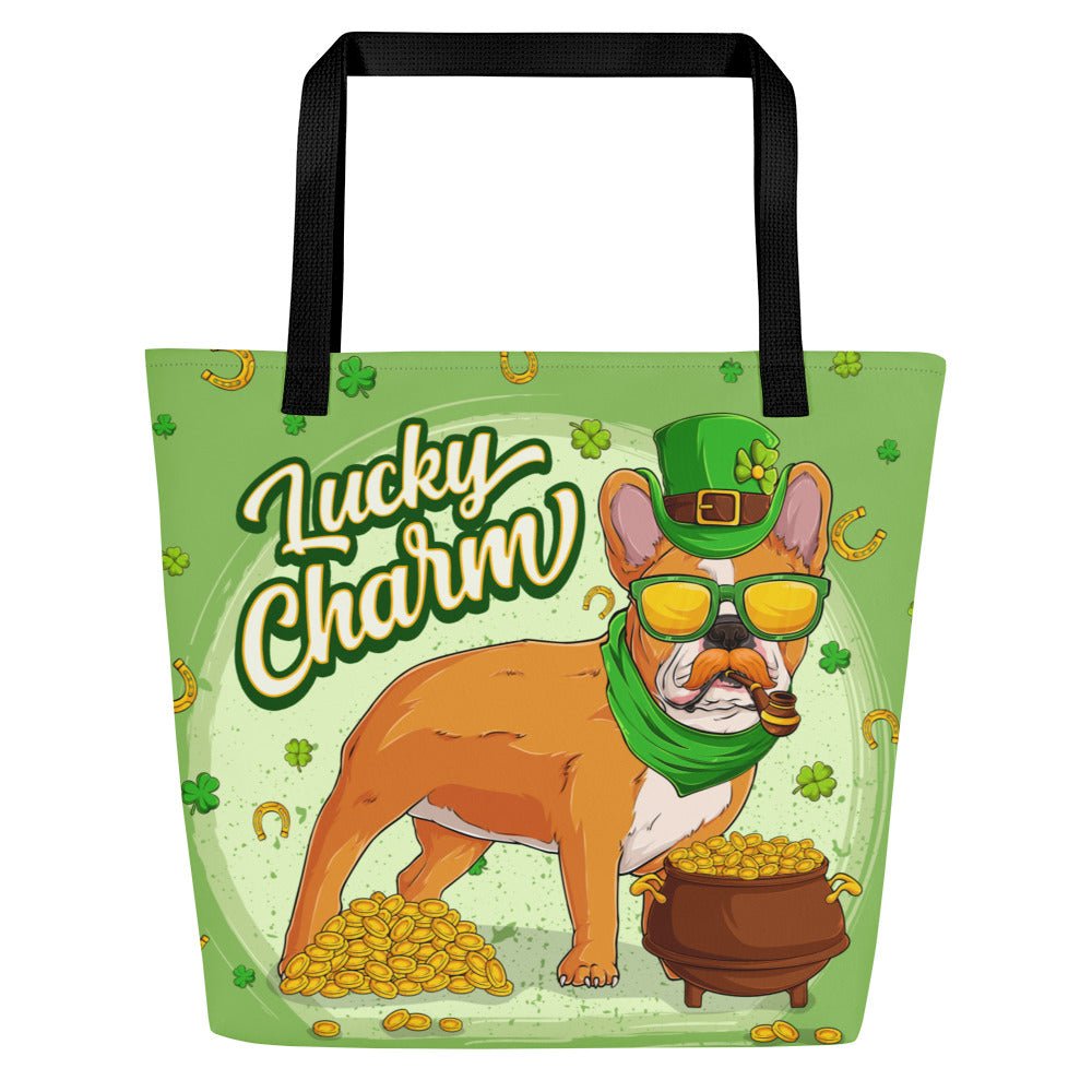 "Lucky Charm" Male Frenchie Large Tote Bag with Pocket | Red &amp; White Colored