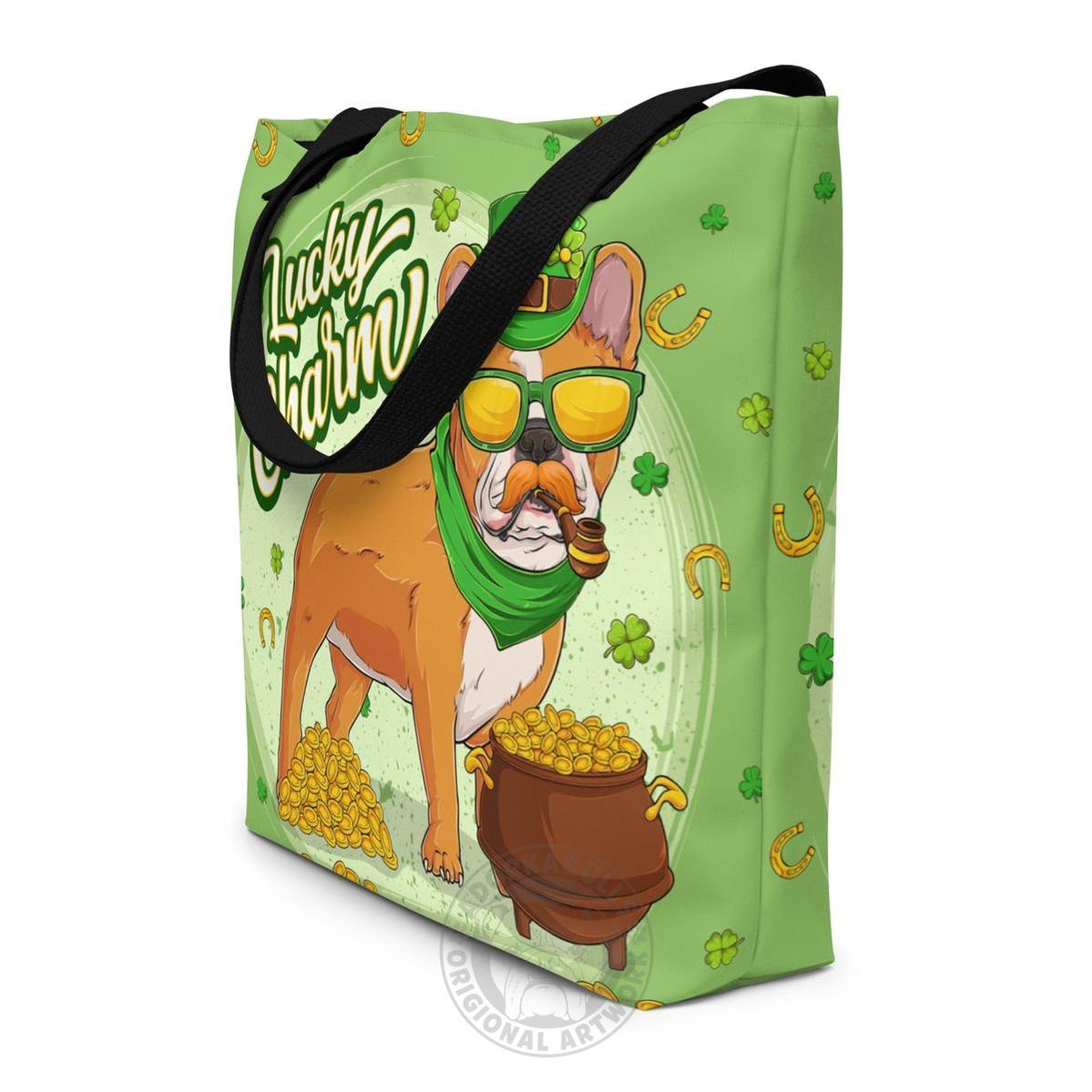 "Lucky Charm" Male Frenchie Large Tote Bag with Pocket | Red &amp; White Colored
