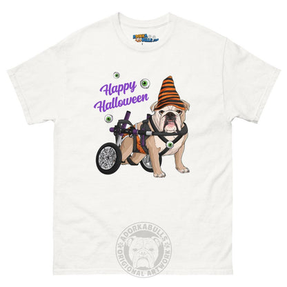 Happy Halloween Pumpkin Wheelchair Tee – English Bulldog · Fawn &amp; White · Male – White