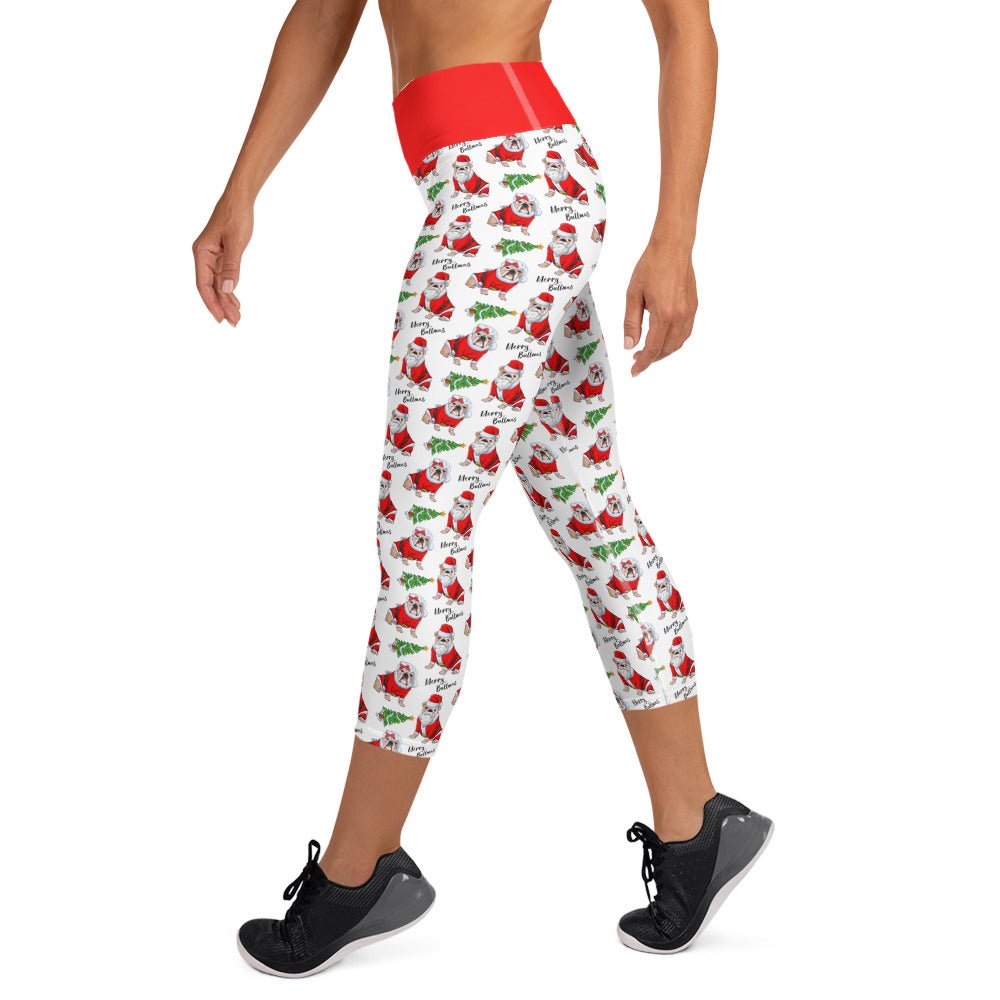 "Merry Bullmas" English Bulldog Capri Leggings | Fawn & White Colored