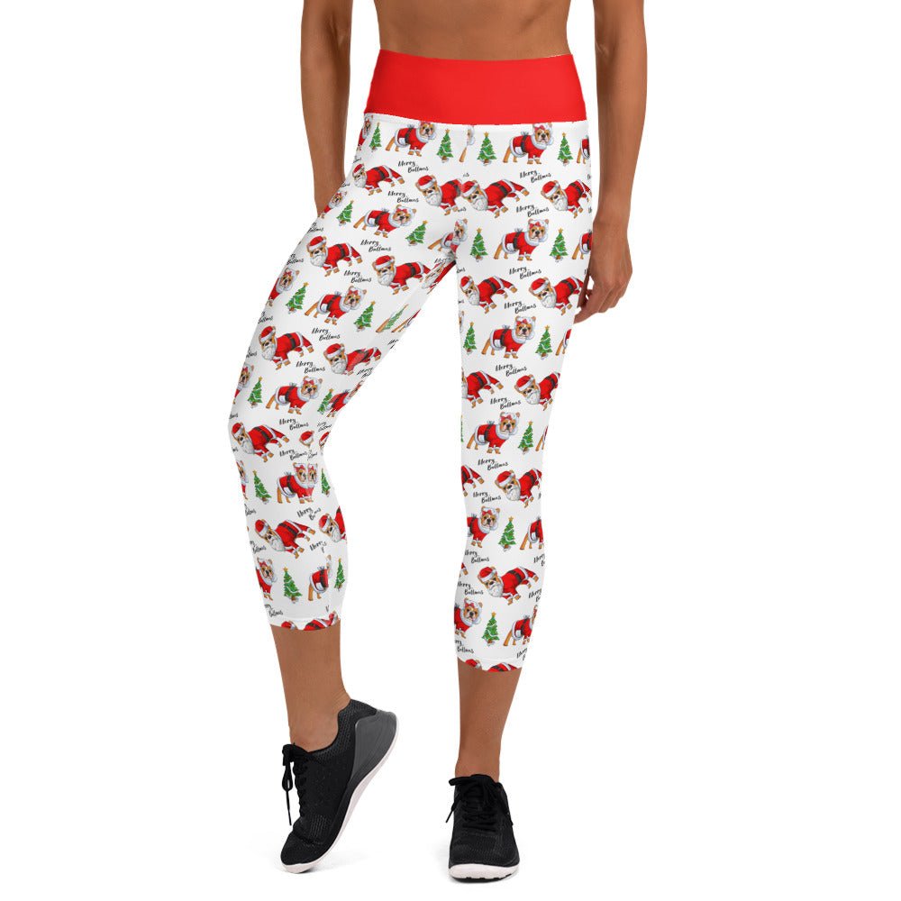 &quot;Merry Bullmas&quot; French Bulldog Capri Leggings | Red &amp; White Colored