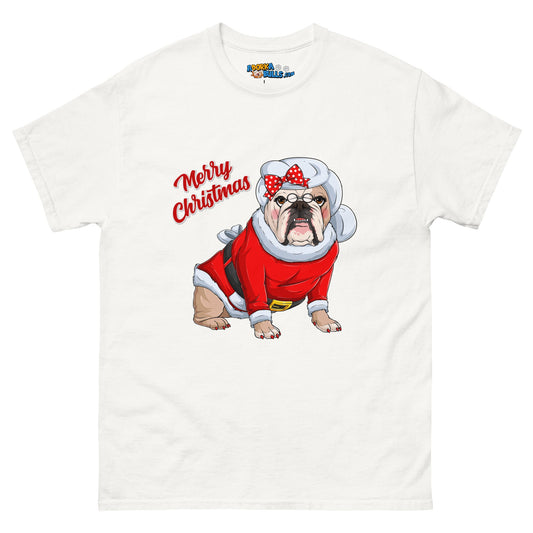 "Merry Christmas" Mrs. Claus Bulldog Men's Classic Tee | Fawn & White Colored